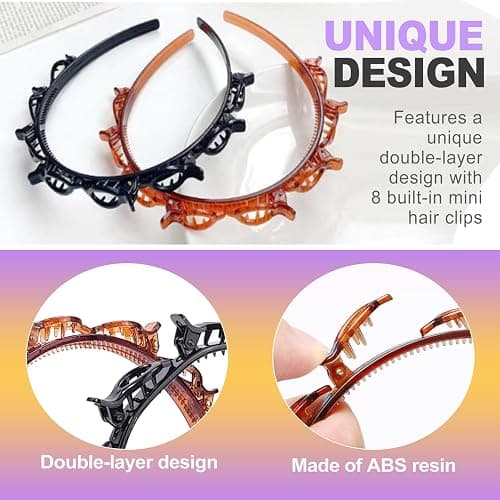ZeriLion 2 Pack Double Layer Headband with Mini Clips Hair Styling Tool for Women Twist Braid Hair Band with 8 Attached Hairpins Easy DIY Hairstyle Accessories Black and Brown thumbnail 3