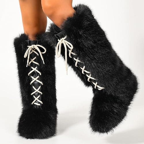 Women's Knee-High Faux Fur Boots, Fluffy Lace-Up Boots, Flat Shoes, Black | Warm Flat Heel Winter Plush Fuzzy Curly Y2k Round Toe Suede Comfy Lace Up thumbnail 2
