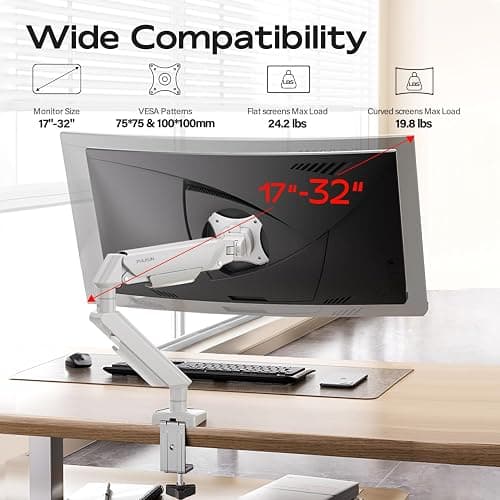 FULKUN Single Monitor Mount Stand - Full Motion Articulating Arm with Gas Spring,17-32 inch Computer Screen Mount, VESA 75x75/100x100, Clamp/Grommet Base, Adjustable Stand & Tilt & Swivel (White) thumbnail 2