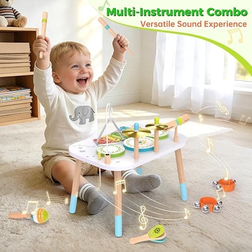 12-in-1 Drum Set for Toddlers 1-3,Baby Musical Instruments Table ,Wooden Montessori Toys with Xylophone,Bongo Drums,Cymbals,Maracas & Wrist Bells,Birthday Gift for 1 2 3 Year Old Boy Girls thumbnail 6
