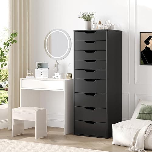 FOREHILL Cómodas y Cajoneras, Sinfonier Dormitorio Alto, Cajonera con 9 Cajones, Cajonera Armario Interior, Mueble Almacenaje para Dormitorio, Salón, Moderno Negro 45x40x124.5cm thumbnail 2