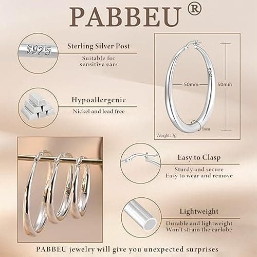 PABBEU S925 Sterling Silver Hoop Earrings Large Silver Hoop Earrings for Women Hypoallergenic Lightweight Big Thick Silver Hoop Earrings for Women Girls 35/40/50/60/70mm thumbnail 2