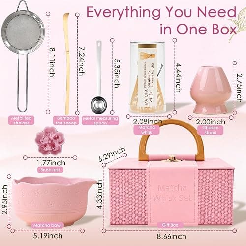 GZIXBDA 8Pcs Matcha Whisk Set, Matcha Set Includes Ceramic Matcha Bowl, Whisk and Holder, Bamboo Scoop, Scoop Rest, Sifter, Measuring Spoons and Tea Towel Tea Kit Gift Set for Women (Pink) thumbnail 2