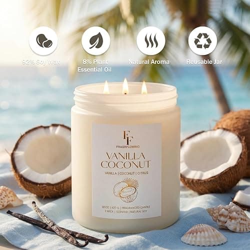 Vanilla Coconut Large Scented Candle, 3-Wick 22oz Long Lasting Scented Candle, Natural Soy Wax Aromatherapy Candle for Home, Candle Gifts for Women Men thumbnail 2