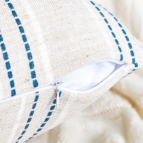 AELS 18x18 Decorative Farmhouse Linen Throw Pillow Covers, Boho Textured Pillow Case, Set of 2,Beige with White & Navy Blue Stitch Yarn Dyed Stripe Cushion Cover for Sofa Couch Living Room(Cover ONLY) - Beige With White & Navy Blue - 18" x 18" (Pack of 2) thumbnail 4