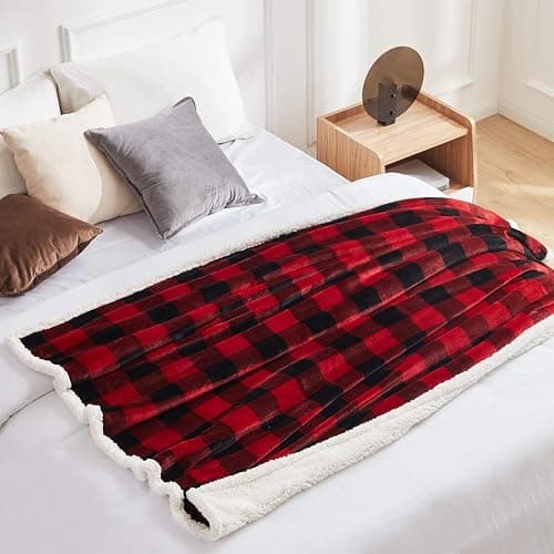 Touchat Sherpa Red and Black Buffalo Plaid Christmas Twin Blanket 60" X 70", Fuzzy Fluffy Soft Cozy Throw Blanket, Fleece Flannel Plush Microfiber Blanket for Couch Bed Sofa thumbnail 3