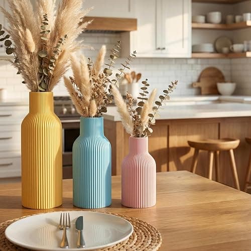 TrendEcoHome Colorful Ceramic Vases Set of 3, Matte Round Vertical Ribbed,Minimalist for Pampas Dried & Fresh Flowers, Centerpiece for Living Room, Shelf, Entryway, Wedding (Pink, Blue, Yellow) thumbnail 4