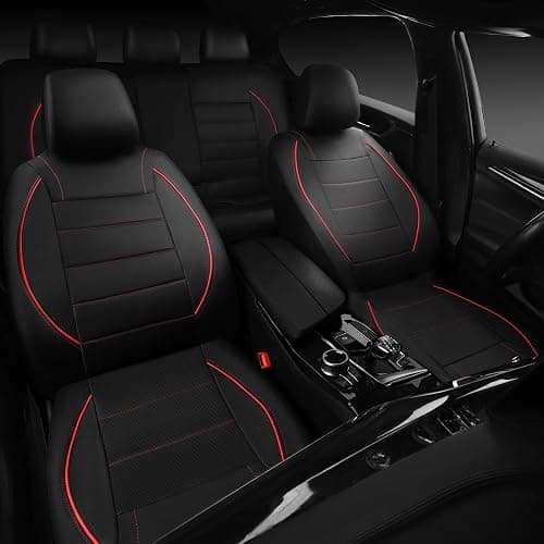 CAR PASS Universal FIT Piping Leather Two Front Seat Covers, Waterproof Faux Leather for SUV Sedan Van Truck, Airbag Compatible,Reserved Opening Holes for Headrest Covers. (Black red) thumbnail 4