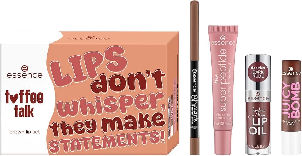 essence toffee talk brown lip set 01 Pout Au Chocolat, 4-teiliges Set, Lipliner, Lippenöl, Lippenbalsam & Treatment, matte bis glänzende Brauntöne - Image 1