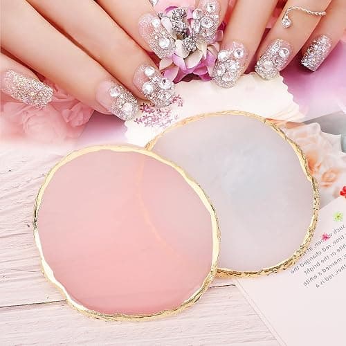 Pengxiaomei 2 Pcs Resin Pink Nail Art Palette, Nails Polish Palette Nail Art Tools Gold Edge Nails Art Display Board thumbnail 5