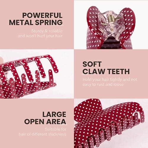 Polka Dot Claw Clips for Women Cute Medium Hair Clips Accessories, 3 Pack | Retro Polka Dot Design with Non-Slip Teeth, Secure Spring Grip, Comfortable Hold for Daily Buns, Half-Up Styles, Ponytails. thumbnail 5