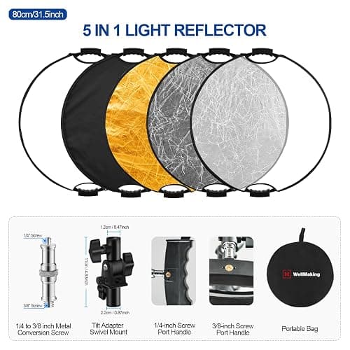 WELLMAKING 32 Inch (80cm) Reflector Photography, Collapsible Light Reflector with Bag & tilt Adapter, 5 in 1 Handle Reflector for Studio & Outdoor Lighting -Translucent, Silver, Gold, White and Black thumbnail 2