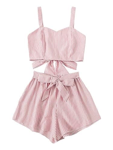 SweatyRocks Women's 2 Piece Outfits Summer Sleeveless Tie Back Crop Cami Top and Shorts Set - Image 1