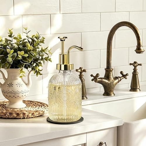 SheeChung 12Oz Vintage Glass Bathroom Soap Dispenser, Kitchen Dish Soap Dispenser with Pump, Refillable Liquid Hand Soap Bottle, Lotion, Antique Rustic Farmhouse Decor (Clear-Gold Pump, 2 Pack) thumbnail 2