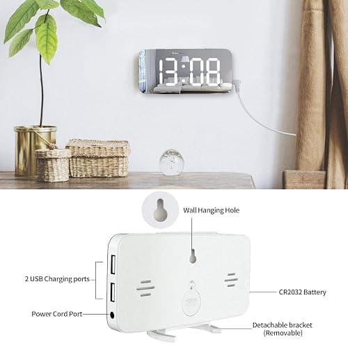 WulaWindy Digital Alarm Clock, Large Mirrored LED Display, with USB Charger, Snooze Function Dim Mode Wall Hanging Beside Desk Clock for Bedroom Room Decor thumbnail 6
