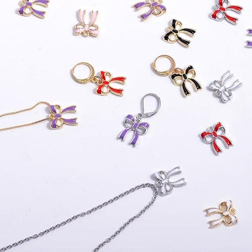 40/60PCs Metal Enamel & Rhinestone Bow Charms for Jewelry Making, Silver & Gold Plated Bow Charms for Bracelets Keychains thumbnail 4