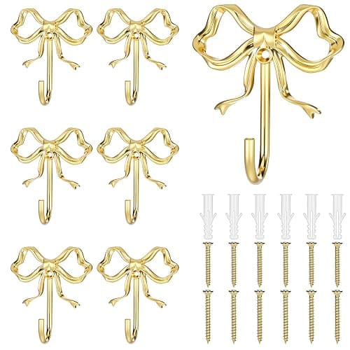 HJZHII 6 Pcs Gold Bow Wall Hook, Large Bow Knot Coat Hooks Metal Bowknot Wall Door Hanger Decorative Holder for Bags Bath Towels Coats Hats Coffee Mugs Room Decorations - Image 1