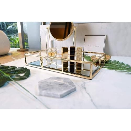 PuTwo Tray Mirror Gold Dresser Ornate Metal Decorative Jewelry Organizer | Gold Tray Jewelry Perfume Organizer Makeup Tray for Vanity Dresser Bathroom Bedroom thumbnail 5