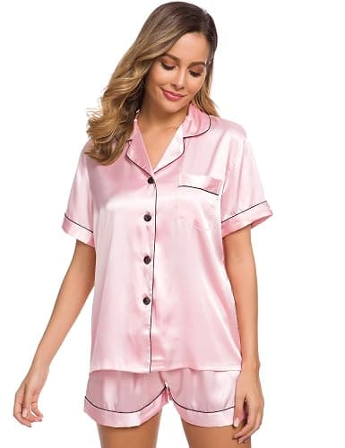 SWOMOG Womens Silk Satin Pajamas Set Short Sleeve Button Down Sleepwear Loungewear 2 Pcs Pj Sets thumbnail 3