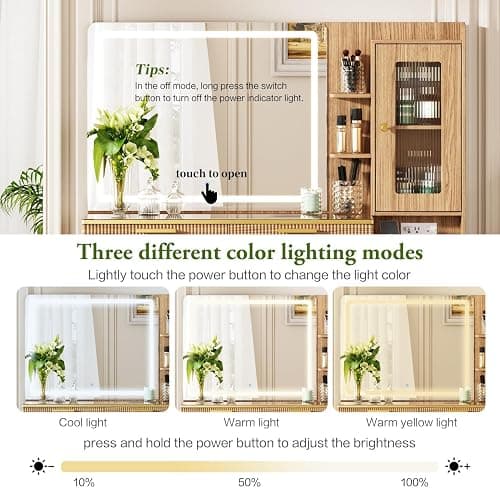 Chrangmay 47.24" Big Modern Vanity Desk with Mirror and Lights,Makeup Vanity Desk with 5 Drawers and Storage Shelves & Power Outlet,Dressing Table with Glass Top, Oak thumbnail 8