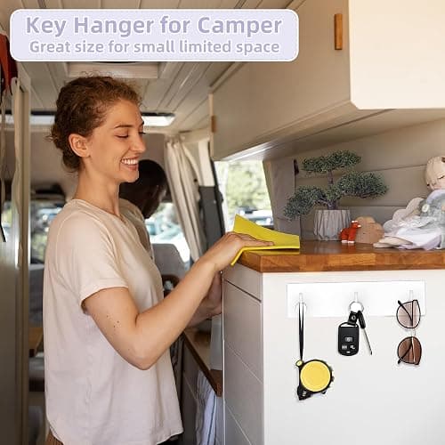 VIS'V Key Holder Wall Mount, Small Self Adhesive Key Hanger Metal Stick on Key Rack Compact Key Rail with 3 Key Hooks for Entryway Doorway Hallway 2 Adhesive Strips White - White thumbnail 5