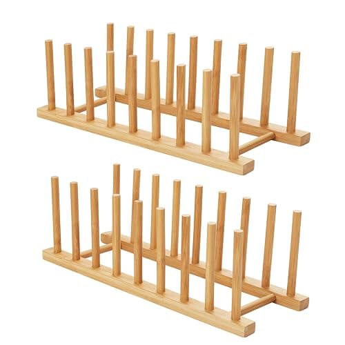 HBlife 2pcs Bamboo Dish Plate Bowl Cup Book Pot Lid Cutting Board Drying Rack Stand Drainer Storage Holder Organizer Kitchen Cabinet（Keep Dry） - Image 1