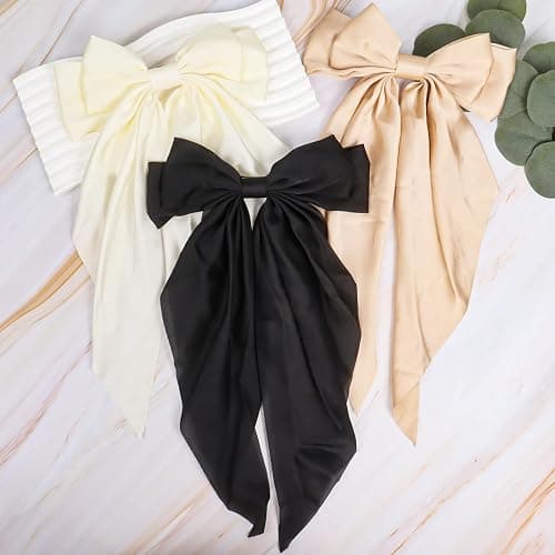 6 Pack Large Bows for Women - Big Solid Color French Hair Bow Clips with Long Tail Barrettes thumbnail 3
