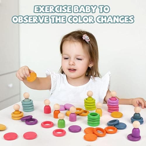 Montessori Toys Wooden Color Sorting Stacking Rings Toy Rainbow Wooden Peg Dolls Counting Toys Circular Building Blocks Stacking Game Preschool Learning Education Fine Motor Skill Toys for Toddlers thumbnail 7