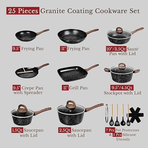 EWFEN 25 Pcs Pots and Pans Set, Nonstick Ceramic Cookware Sets, Healthy Non-Toxic, Large Capacity, Induction Compatible, Cooking Set with Frying Pans & Saucepans, PFAS/PTFE/PFOA Free, Classic Black thumbnail 3