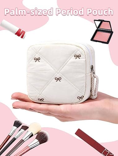 SERTRI Quilted Bow Period Bag, Period Pouches for Teen Girls Women(Beige) | Tampon Holder for Purse Sanitary Bags, Feminine Product Sanitary Napkin Storage Bag, Pad Bag Pouch Period Gifts for Girls thumbnail 5