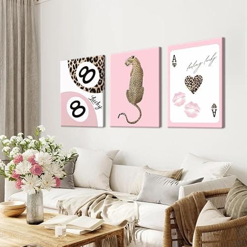 Trendy Leopard Canvas Wall Art Set of 3 - Pink Cheetah Prints Wall Decor Pictures, Funky Lucky You 8 Ball Poster Preppy Aesthetic Paintings, for Girls Bedroom Dorm Apartment 12x16 inch Framed thumbnail 4