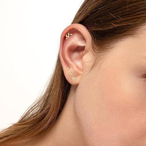 Bheop 14K Gold Plated Stud Earrings for Women Trendy Hypoallergenic 925 Sterling Silver Post Cartilage Tragus Earring Set for Multiple Piercing Dainty Cute Small Helix Earrings Stack Jewelry for Men thumbnail 3