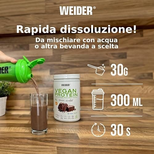 Weider Vegan Protein (750g) Gusto Cioccolato. Proteine Vegane 21g/dose isolate di piselli e riso, Con Vitamina B12 e Stevia, Senza Glutine, Senza Zucchero, Contenitore 50% Riciclato, 100% Riciclabile - 750g - CIOCCOLATO BROWNIE thumbnail 4