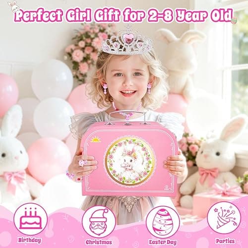 Hohosunlar Tea Party Set for Little Girls, Princess Tea Time Toy for Toddler, Tin Tea Set Include Tea Cups Teapot Dessert Kitchen Pretend Play with Carrying Case, Easter Birthday Gift for Kids Age 3-8 thumbnail 3
