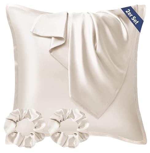 Seiwohl Satin Kissenbezug 80x80 2er Set, Weich wie Seidenkissenbezug Silk Pillowcase, Vegane Seide Kopfkissenbezug Kissenhülle Seidenkopfkissen für Haar und Haut mit Haargummis, Beige - Image 1