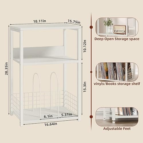 LELELINKY Large White Record Player Stand, 3 Tier 18" Wide Big End Table with Vinyl Storage Up to 130 Albums, Industrial Turntable Printer Tables, Modern Side Tables for Living Room, Bedroom, Office thumbnail 3