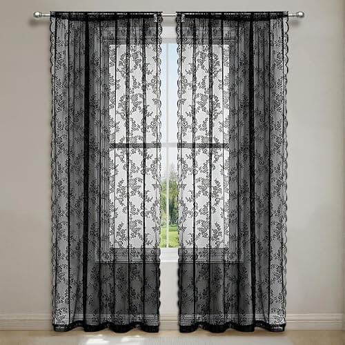 Fudaiki Set of 2 Panels Lace Sheer Curtains for Bedroom Living Room Light Filtering Voile Curtains Window Treatments Black 39 x 39 Inch - Image 1
