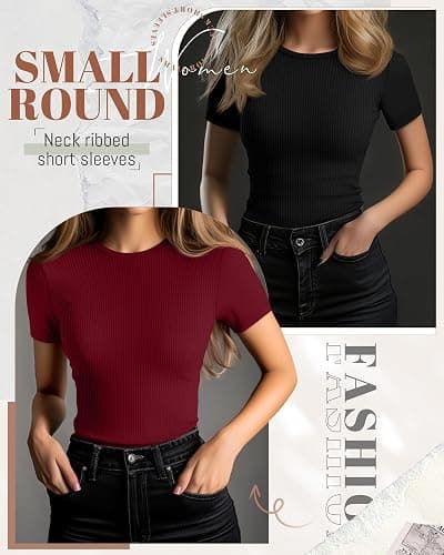 Ficerd 3 Pack Women's Ribbed T-Shirts, Cotton Short Sleeve Basic Tees Crewneck Fitted Tops Casual Shirts 2025 Summer Trendy thumbnail 2