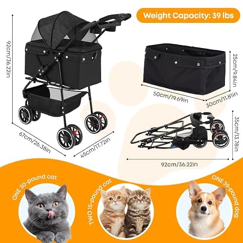Pet Stroller,Dog Stroller for Small Medium Dogs Cats,3 Wheels,Foldable,with Breathable Mesh Canopy,Cup Holders,Easy Assembly,Black thumbnail 2
