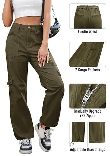 IVIR Cargo Pants Women High Waist Wide Leg Casual Pants with 7 Pockets Stretchy Drawstring Baggy Y2K Trousers thumbnail 4