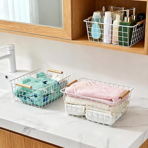 LeleCAT White Wire Baskets for Organizing with Handles，Pantry Organizers and Storage For Kitchen, Household Snack Basket for Cabinets, Closets, Bedrooms,food - Set of 4(White) thumbnail 7