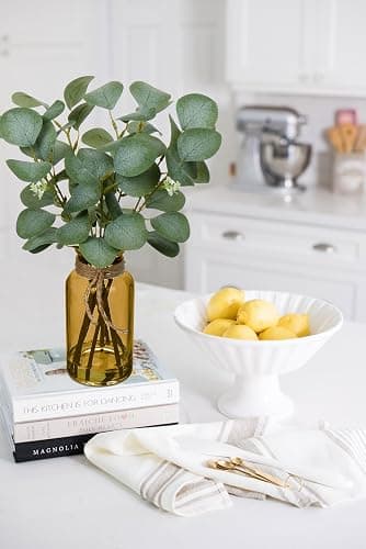 Briful Artificial Eucalyptus Stems in Amber Glass Vase with Faux Water, 14" Fake Plant Eucalyptus Leaves for Home Office Farmhouse Wedding Centerpiece Décor thumbnail 5
