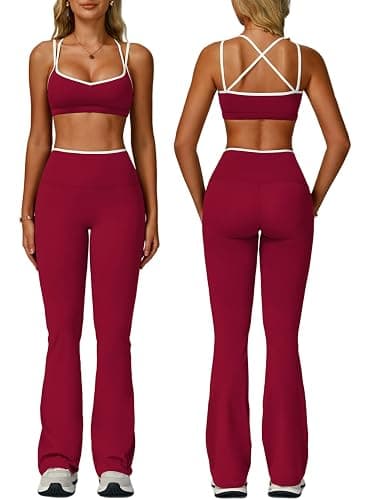 ABOCIW Workout Sets for Women 2 Piece Color Block Strappy Sports Bra High Waist Flare Leggings Gym Yoga Pilates Outfits - Image 1