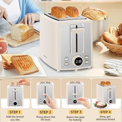 SEEDEEM Toaster 2 Slice, Bread Toaster with LCD Display, 7 Shade Settings, 1.４'' Extra Wide Slots Toaster with Cancel, Bagel, Defrost, Reheat Functions, Removable Crumb Tray, 900W, Cream White - 10.2*6.8*5.9 inch - Cream White thumbnail 5