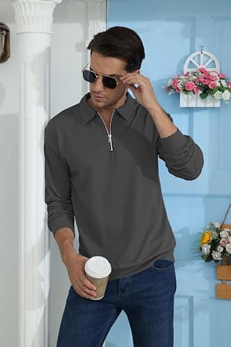 Lexiart Mens Long Sleeve Polo Shirts-Casual Thermal Loose Fit Pullover Quarter Zip Sweatshirts thumbnail 4