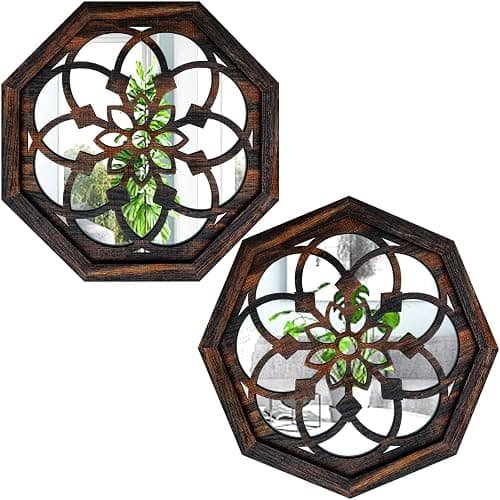 ZOLAPI 2-Piece Octagon Wall-Mounted Mirrors,Vintage Farmhouse Mirror for Wall Decor,Caramel Color Decorative Accent Mirror for Foyer, Bathroom, Bedroom. (12”x12”) - Image 1