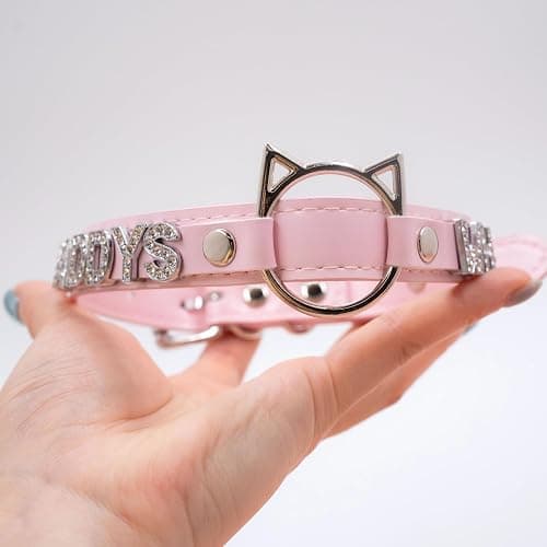 ADEMISHIA Black O-ring Choker Collar For Women, Pink Vegan Leather Choker Necklace Jewelry with Cat-shaped Ring and Rhinestone Letters - Pink - DADDYS thumbnail 4