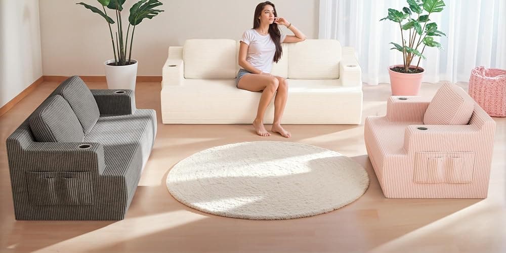 Homall 87” Boneless Sofa Couch with 2 Pillows Extra Deep Seats, Corduroy Fabric 3 Seater with Cup Holder & Storage Pocket Upholstered Floor Easy Installation (White, 3 Seater) thumbnail 8