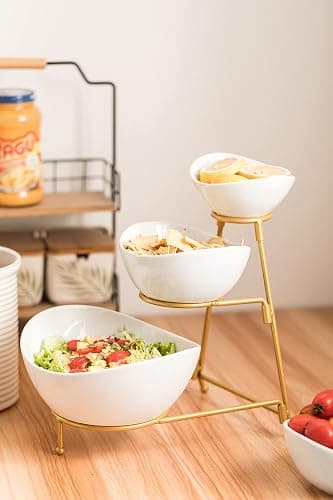 LAUCHUH 3 Tier Serving Stand Serving Dishes for Entertaining Porcelain Oval Bowl Set Tiered Serving Tray for Fruit, Vegetable, Nuts, Salad, Chip Dip Bowl Set for Father's Day, Gold thumbnail 7
