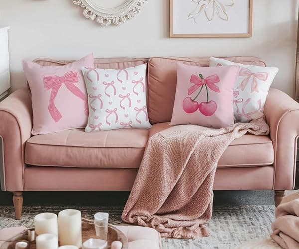 ISANOU Coquette Room Decor,Pink Cute Bow Throw Pillow Covers 18x18 Set of 4,Gifts for Teen Girls Women,Pink Decorative Pillowcase for Sofa Couch Bedroom Chair Home thumbnail 2